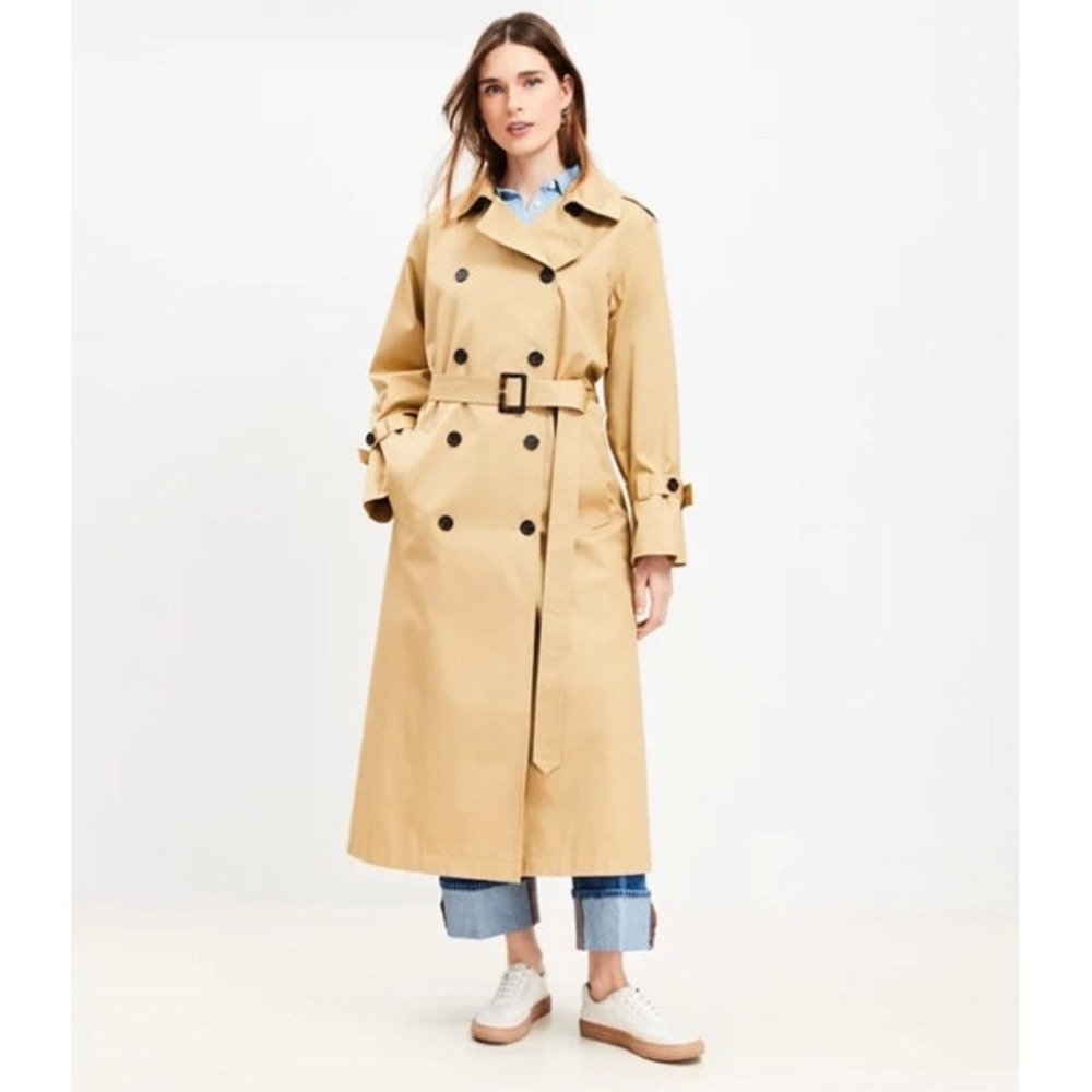 LOFT Women's Modern Trench Coat Belted Double Breasted Sand Beige M Quiet Luxury